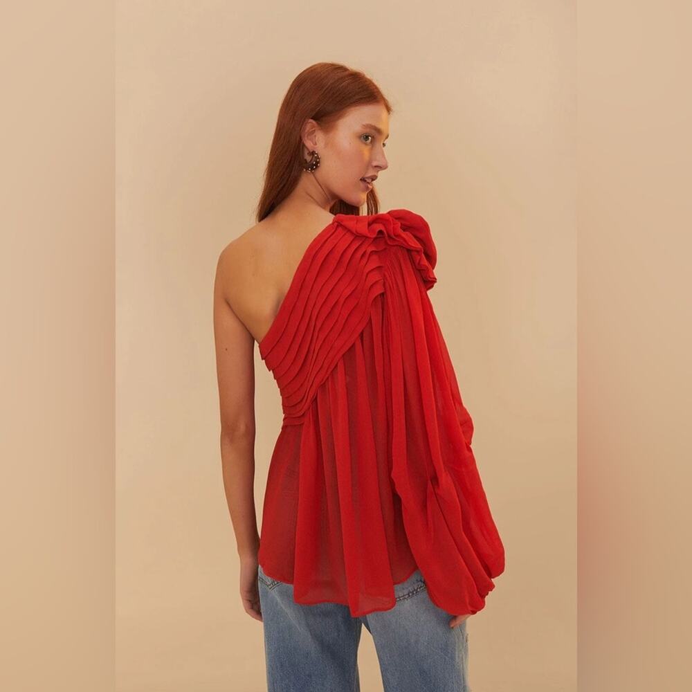 Like new FARM Rio Red Rose Puff Sleeve One-Shoulder Blouse XL - Picture 7 of 10
